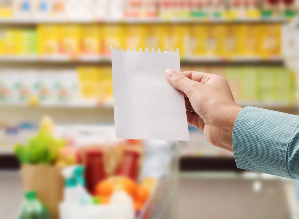 Persona comparando precios en una tienda mientras revisa su lista de compras.