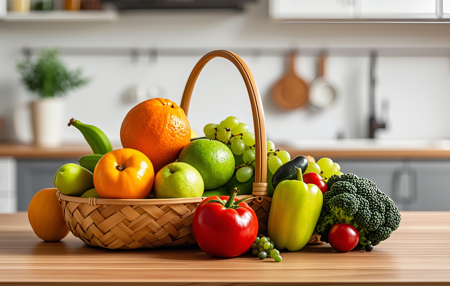 collection of fresh fruits and vegetables in a wooden basket on a table in a modern kitchen background blur